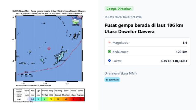 زلزال اليوم الأربعاء 18 ديسمبر 2024 في إندونيسيا، يهز داويلور داويرا مالوكو
