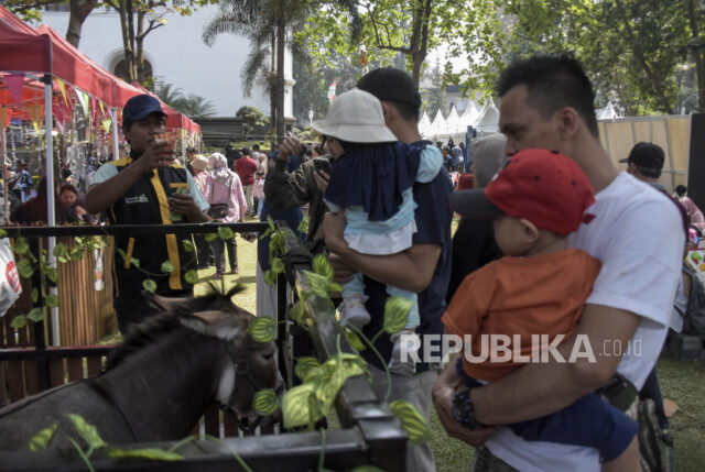 Pengunjung berada di area kebun binatang mini pada West Java Festival 2023 di Gedung Sate, Kota Bandung, Jawa Barat, Sabtu (2/9/2023). Pemerintah Provinsi Jawa Barat menggelar West Java Festival 2023 yang merupakan bagian dari syukuran 78 tahun Provinsi Jawa Barat. Acara yang digelar selama dua hari tersebut diisi dengan festival literasi digitel, bazar umkm, bazar produk unggulan, produk daur ulang, serta berbagai pameran.