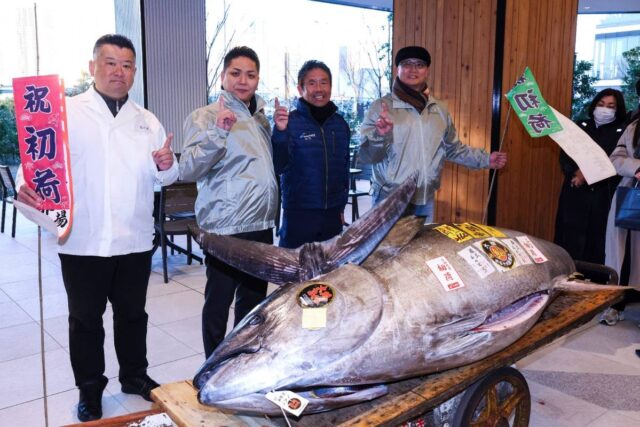 COSTLY FISH A tuna from Oma, Aomori Prefecture, which was purchased earlier in the day for over $1.31 million, is presented to the media following the first tuna auction of the New Year at Tokyo’s Toyosu Market on Jan. 5, 2025. Photo by JIJI PRESS/AFP/Japan OUT