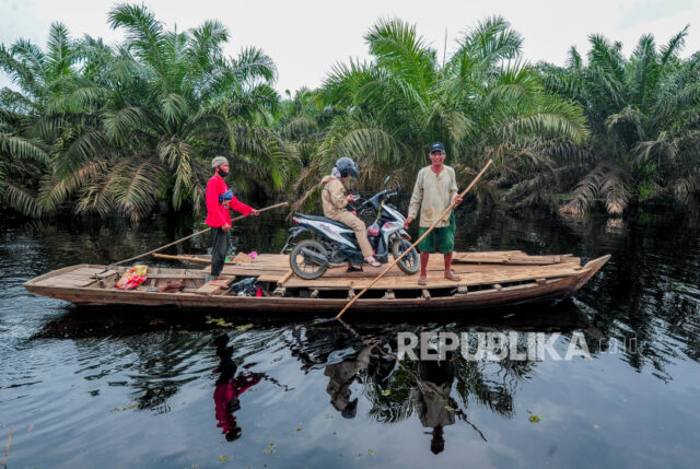 Masyarakat melewati perkebunan kelapa sawit di tepi Jalan Lintas Jambi-Suak Kandis, Jambi.