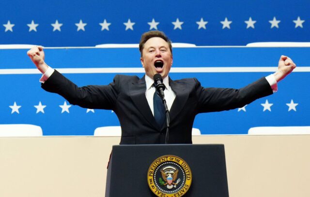 Tesla CEO and X owner Elon Musk gestures on stage when he speaks inside the Capital One Arena after President-elect Donald Trump is sworn in as the 47th President of the United States in Washington, DC on Monday, January 20, 2025. Photo by Ken Cedeno/UPI Photo via Newscom/upiphotosthree050264/UPI/Newscom/SIPA/2501210539